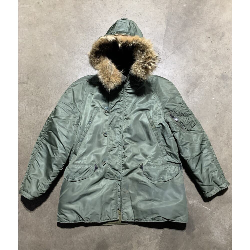 Vintage Flying Man's USAF 1511 Type N-3B Jacket Coat Parka Fur Hood Sz LARGE